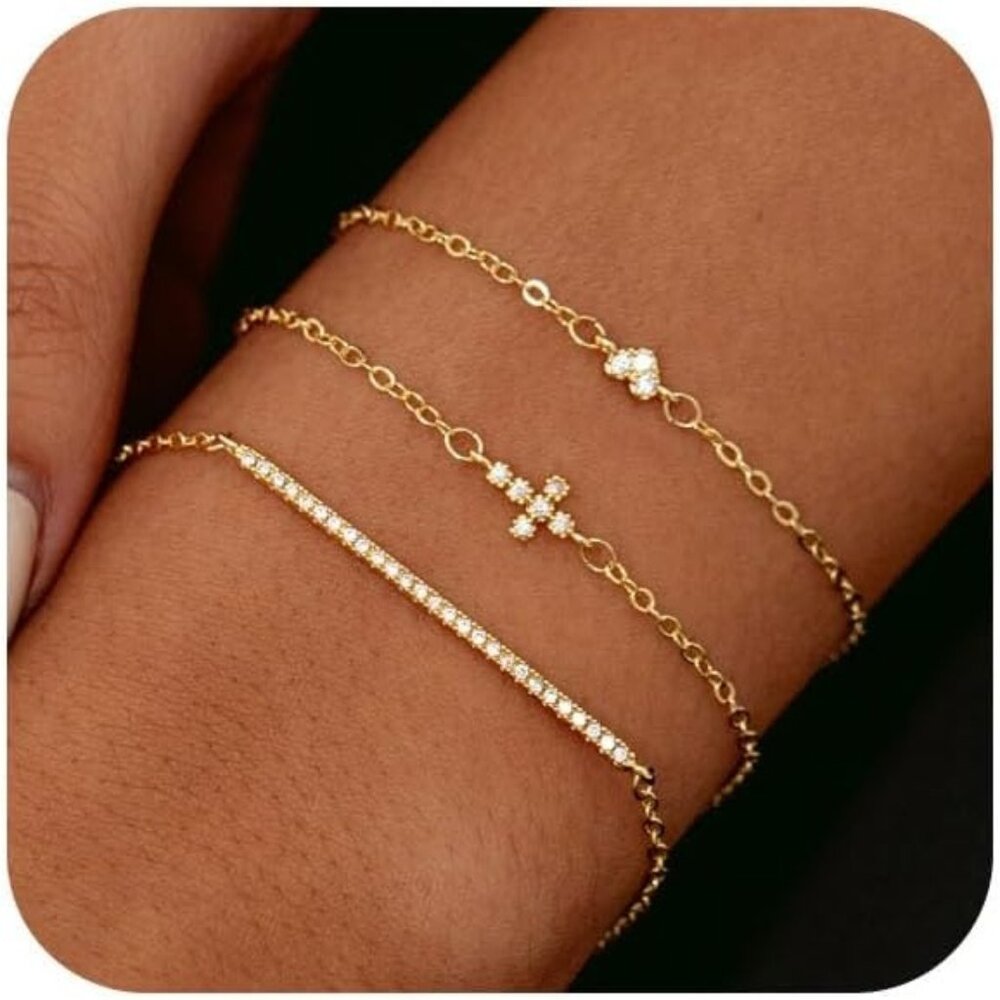Gold Bracelets for Women, Dainty Gold Cross Bracelets Set of 3 Heart/Cross Stack
